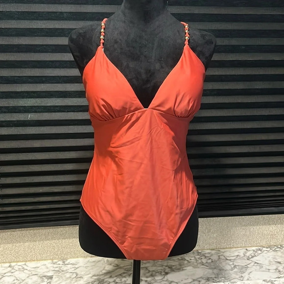 Cupshe Women’s Rust Red Tie Back Beaded Strap V-Neck One Piece Swimsuit Large - Picture 1 of 8